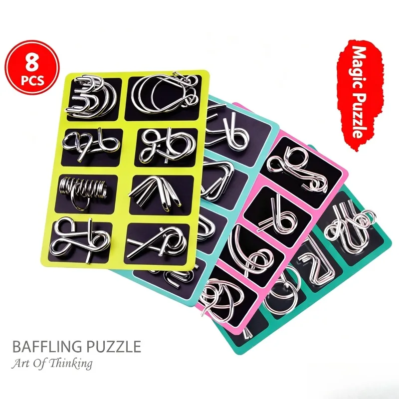 8 Pieces Metal Puzzle Set Classic Brain Teaser Interlocking Unlock Game Stress Relief Educational Toy for Adults Kids Party Gift
