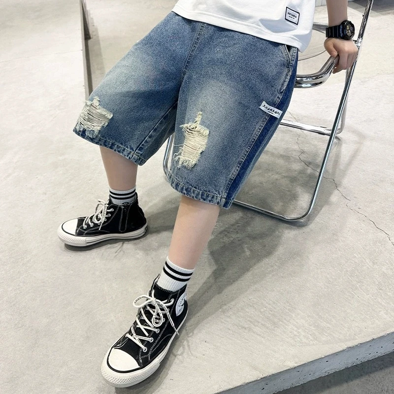 Boys Summer Straight Jeans Kids Fashion Cool Ripped Denim Shorts Casual Loose Five-Point Sweatpants 5-14 Years