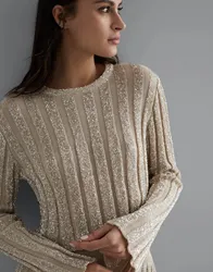 Women's Autumn Long Sleeve Knitted Pullovers Casual Round Neck Striped Sequin Sweater Top Women's Clothing High Quality F832