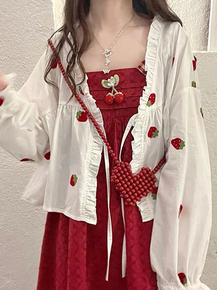 Women Summer Kawaii Strawberry Embroidery Cardigan Kimono Blouse  Sunscreen Shirt Bandage Ruffle Blusas Loose Tops 2025