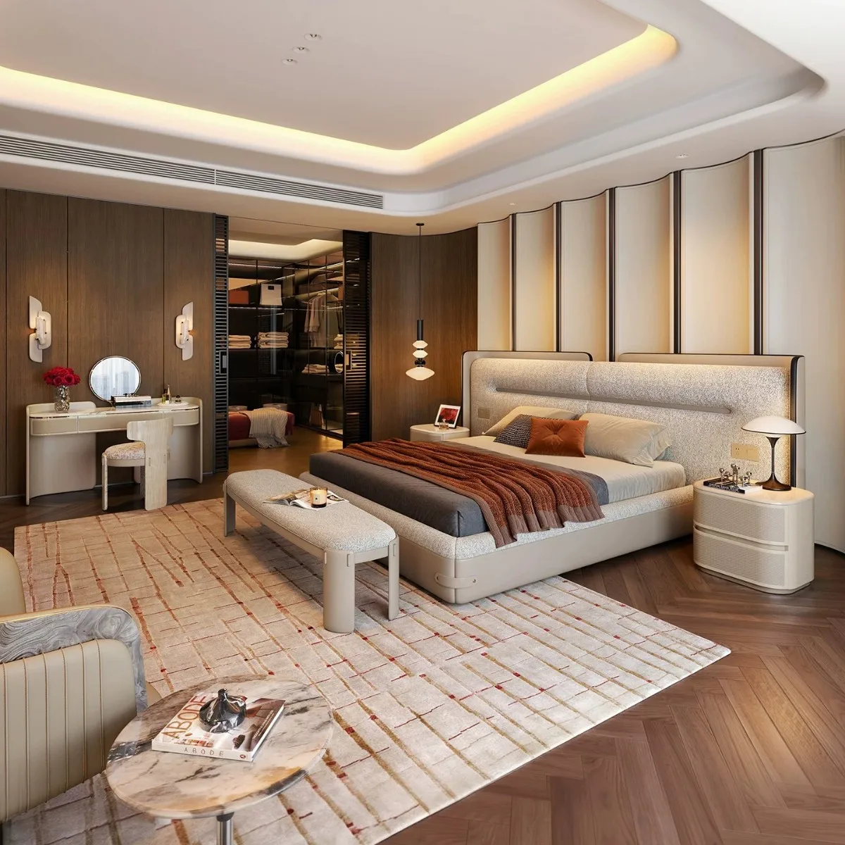 Modern light luxury widescreen bed large flat villa granular velvet saddle leather bed minimalist fabric master bedroom bed