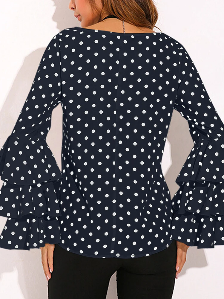 5XL Plus Size Polka Dot Womens Tops And Blouses Casual Long Lantern Sleeve O Neck Loose Female Tunic 2023 Summer Autumn Pullover