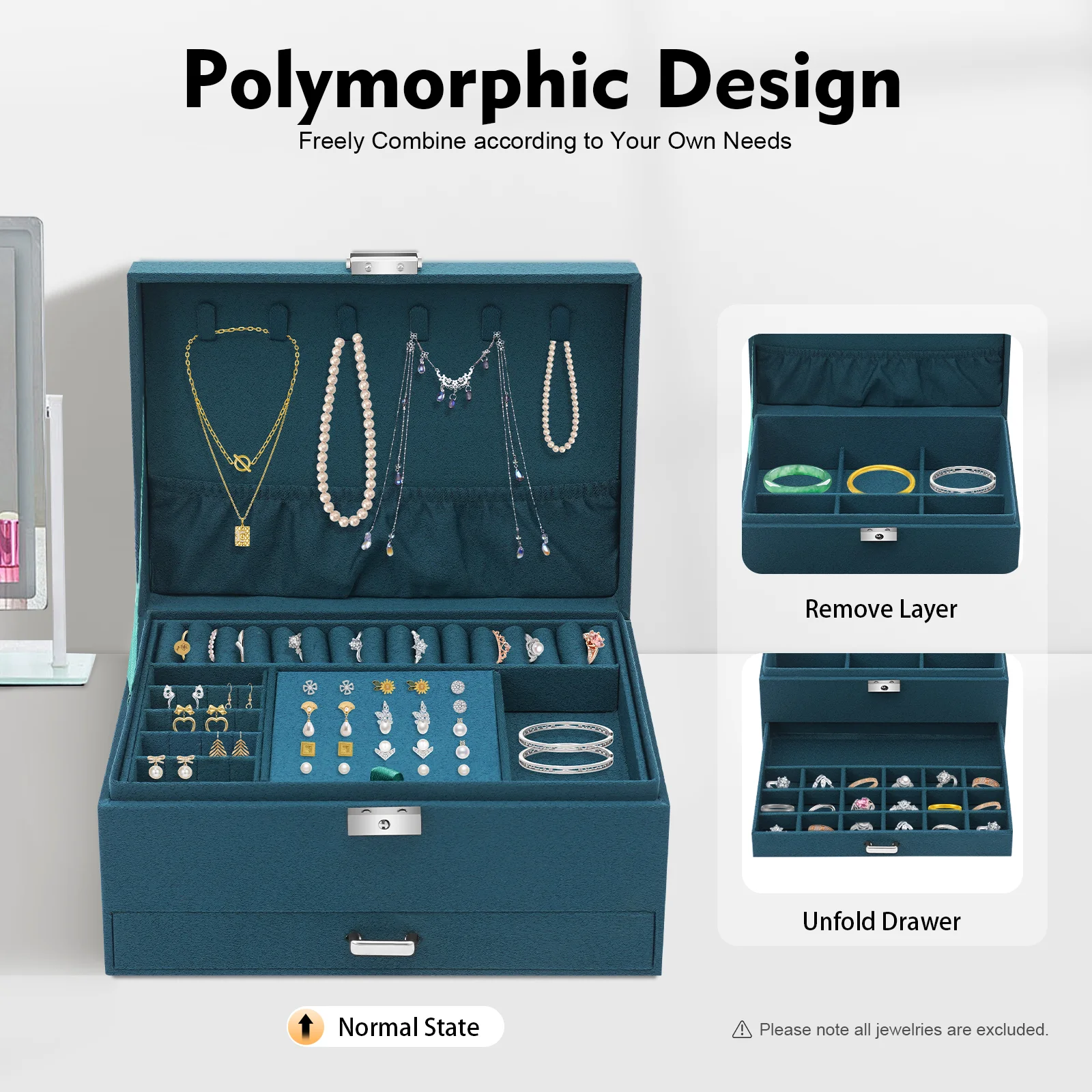 

3-х уровневая темно-зеленая фланелевая шкатулка для драгоценностей, винтажный органайзер для ювелирных изделий с замком, большая вместимость для колец, серег, браслетов