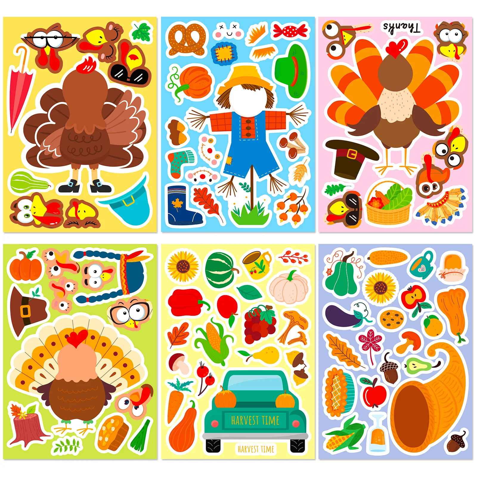 

6pcs Thanksgiving Day Stickers, Make a Face Stickers Mixed, Thanksgiving, Party, DIY Ever-changing facial features Stickers