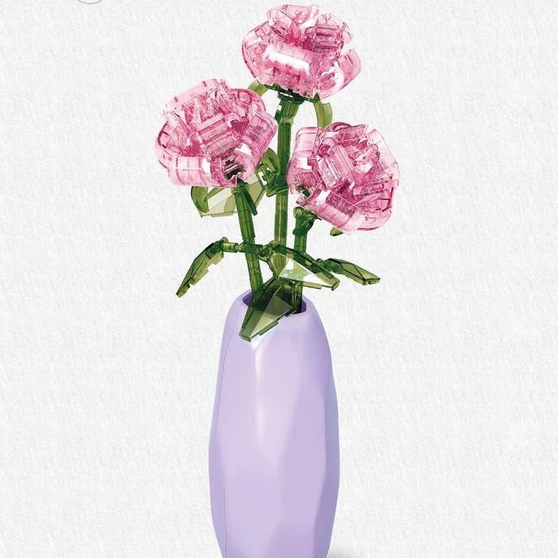 MOC Crystal Rose Bouquet Building Blocks, Simulation Vase Plant Decor Toy, Birthday Gift Set