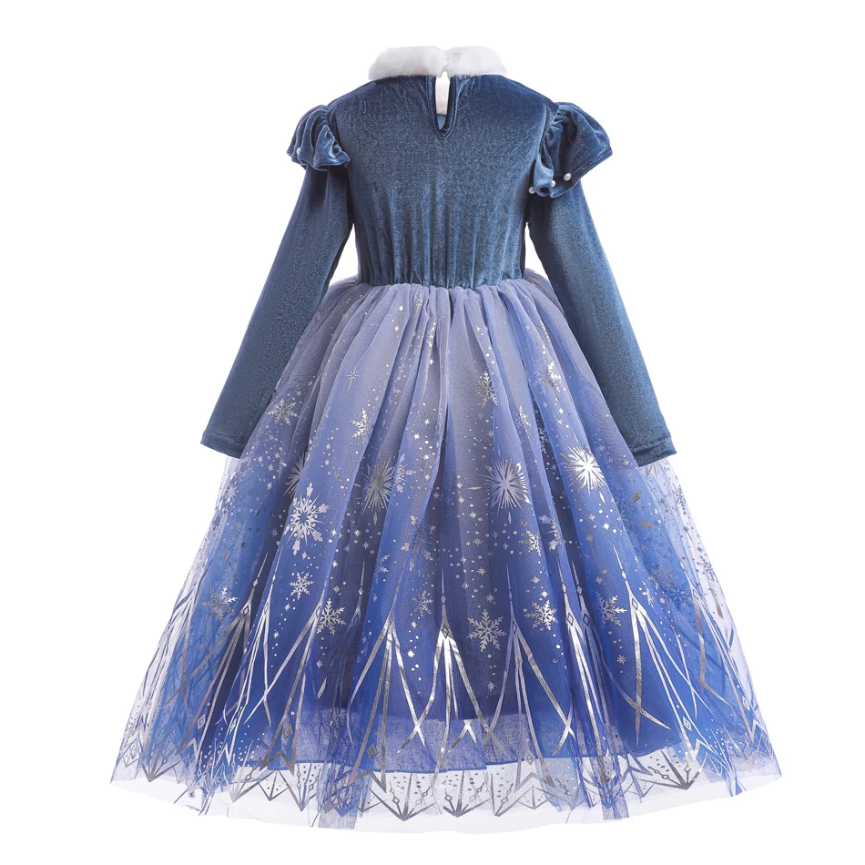 Mädchen Winter Eiskönigin Prinzessinnenkleid Samt Langarm Kunstfellkragen Farbverlauf Schneeflocken-Tüllkleid für Weihnachten Geburtstag – Detail 7