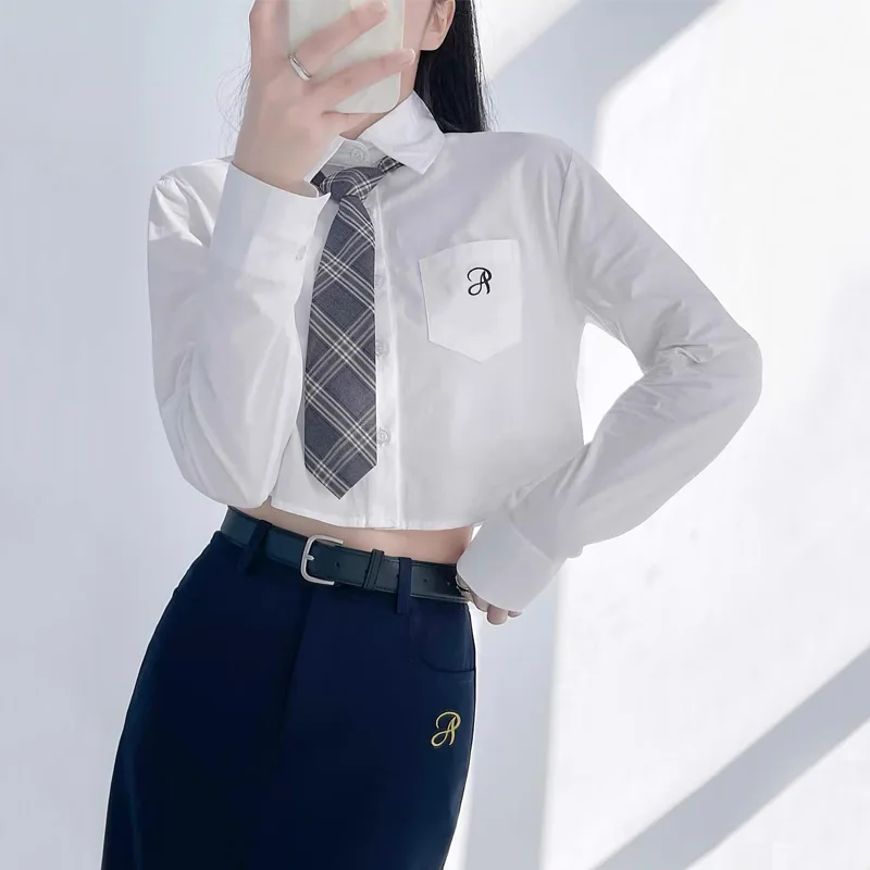 

Women Letter Embroidery Cropped Shirt In Blue And White Stripe