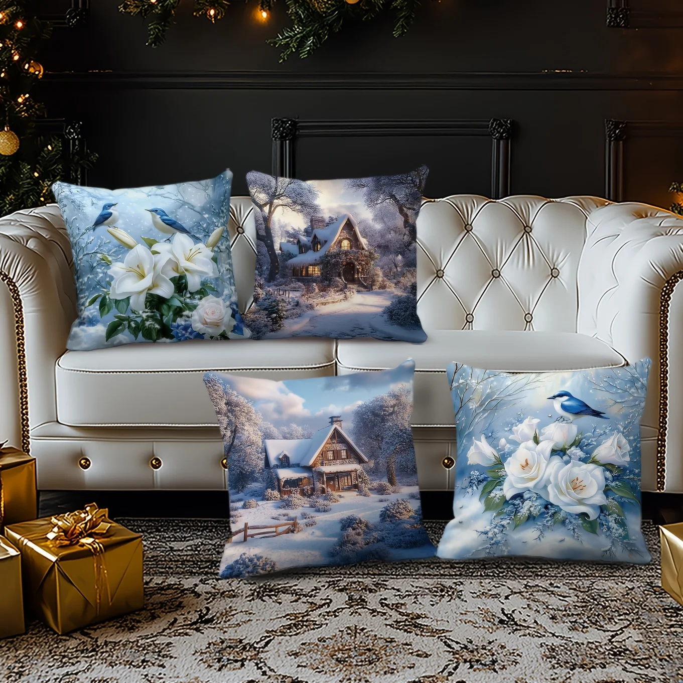 4 fundas  almohada  estilo tradicional con motivos  campo nevado y pájaros florales, solo lavado a mano, cierre  cremall
