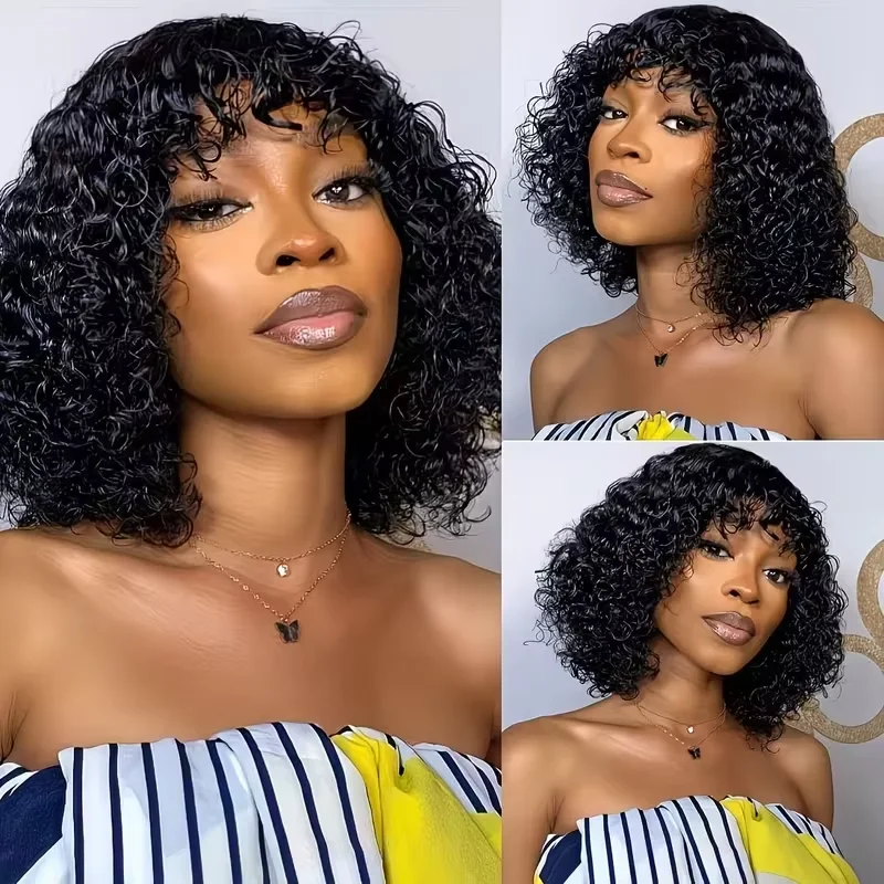 200% Density Human Hair Curly Bob Wig With Bangs Brazilian Black Water Wave Wigs For Women - Full Machine Curly Wave Rose Net Cap Suitable For Women Natural & Black Human Hair Bangs Wig view 6