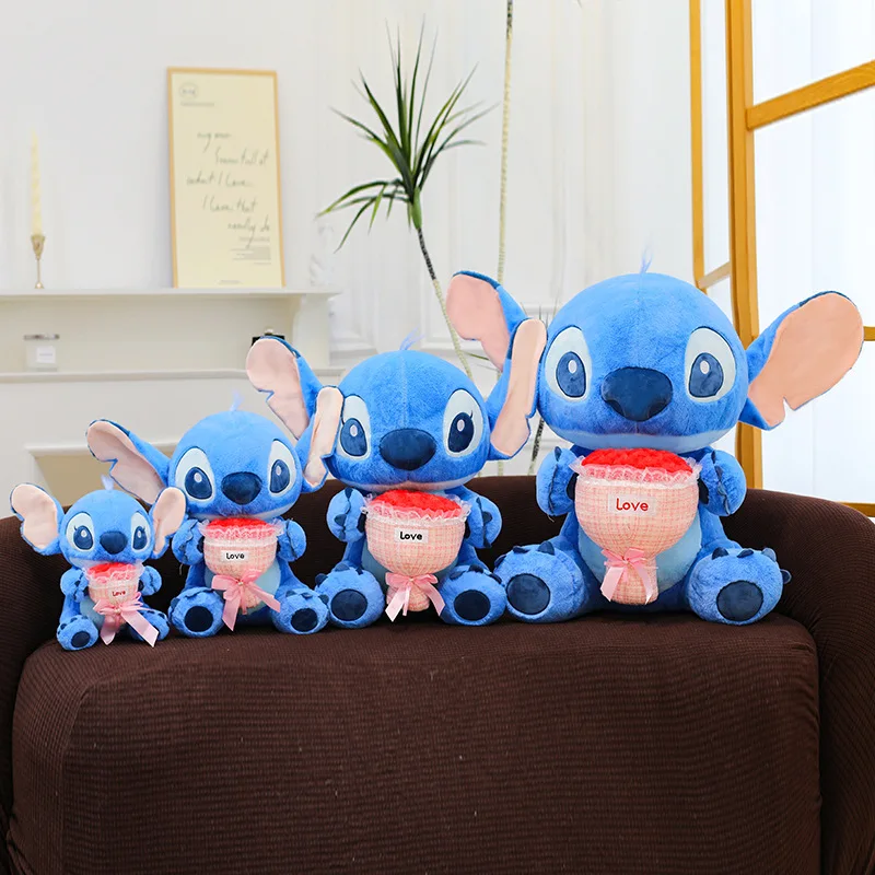 릴로와 스티치 디즈니 봉제 인형 커플 만화 애니메이션 봉제 인형 귀여운 발렌타인 데이 로즈 스티치 인형 봉제 인형 어린이 크리스마스 선물