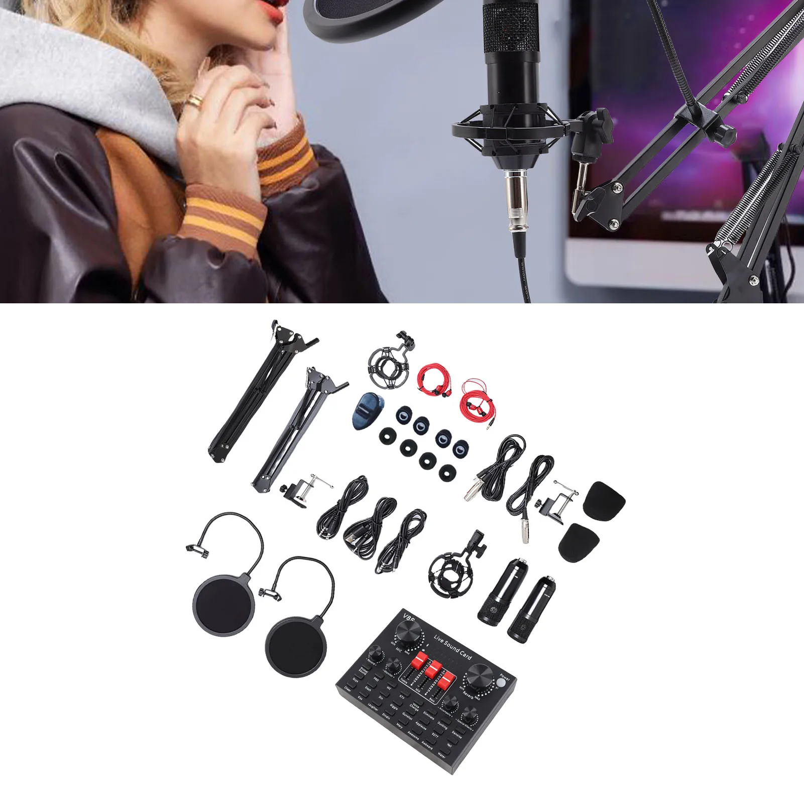 Microfoon Bundel met Geluidskaart 120 kHz 24 Bit BP1048B2 Chip Condensator Microfoon Kit met Roterende Stand Oortelefoon voor Studio