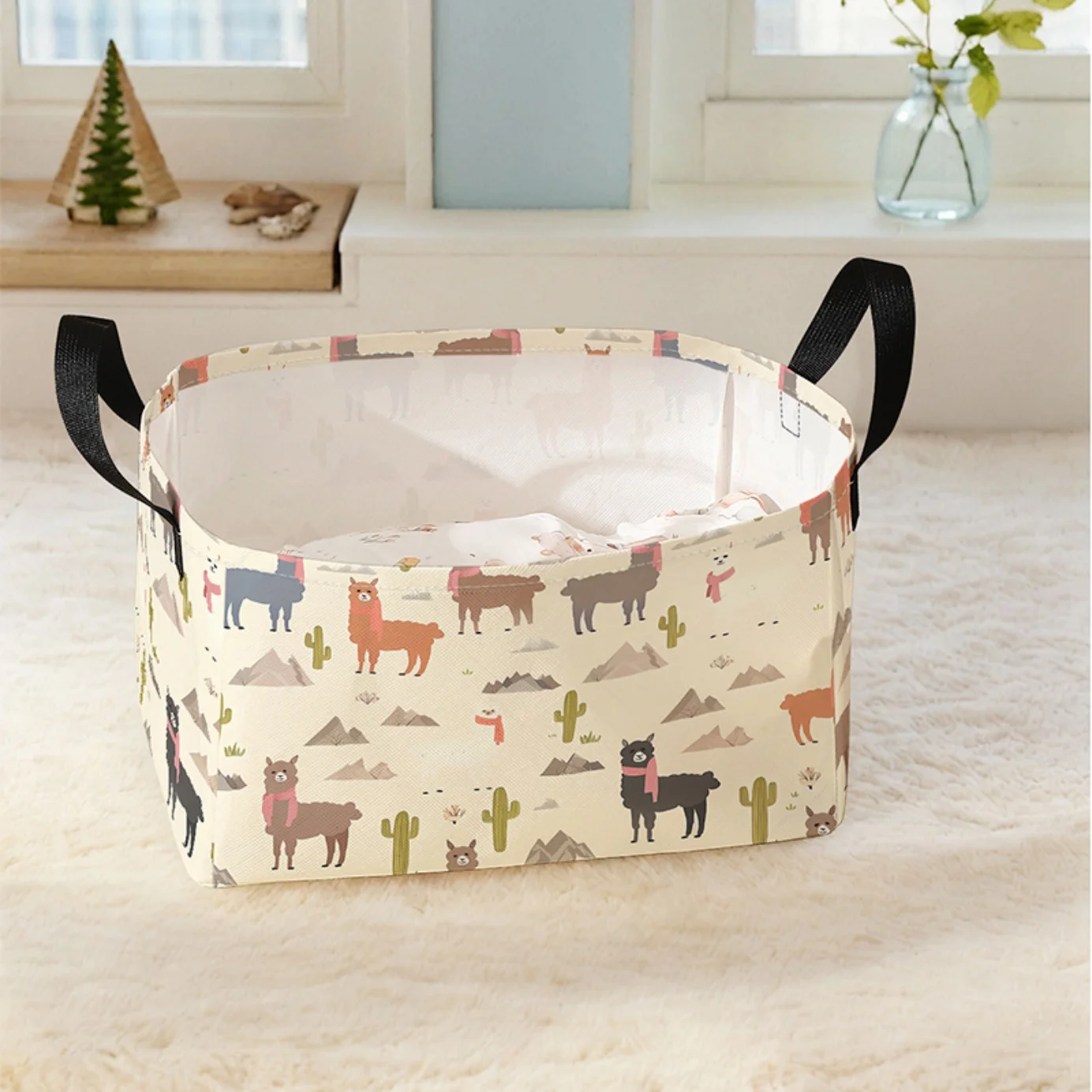 Alpaca Cactus Mountain Print Fabric Storage Basket with Handles, Foldable Organizer Bin for Home Bedroom Nursery