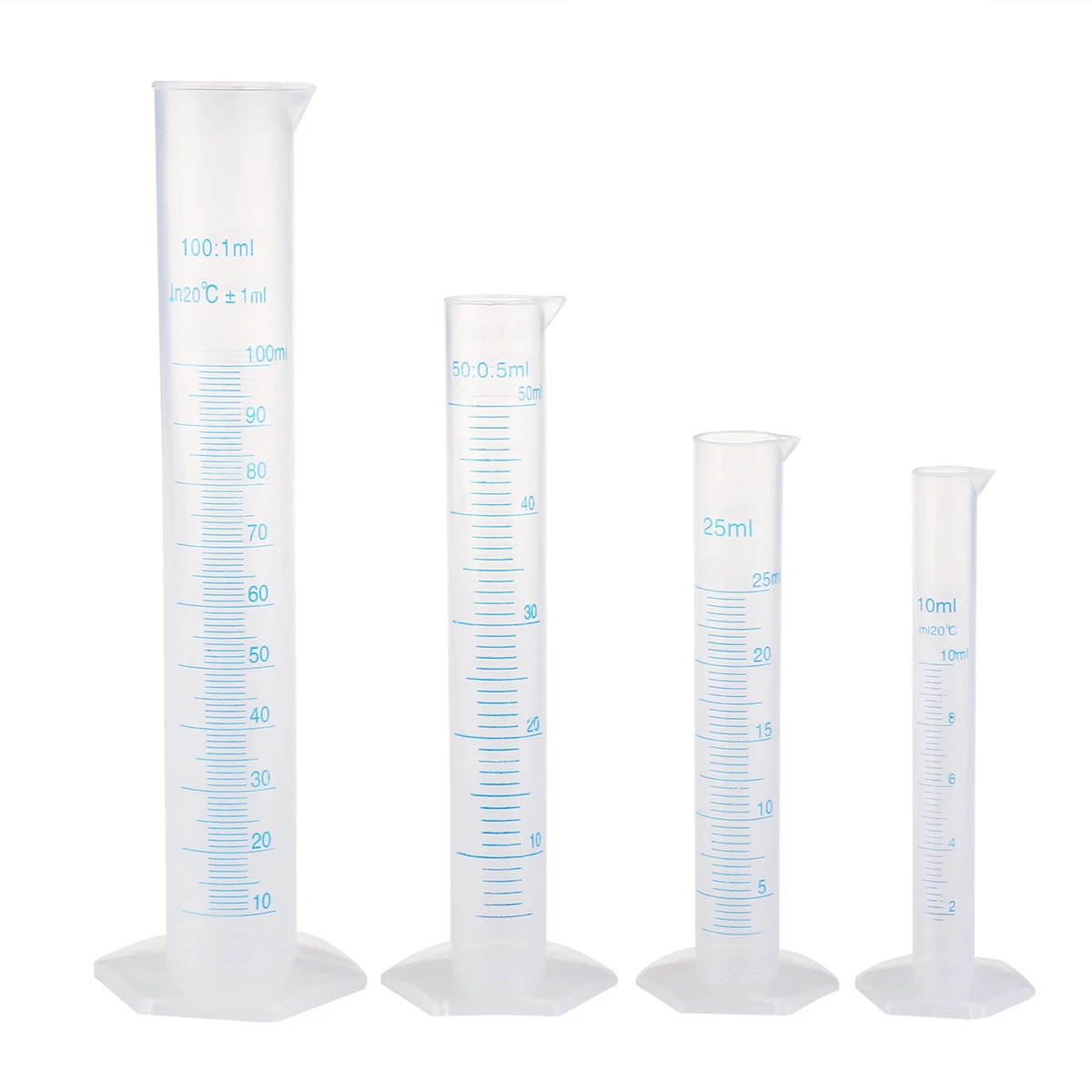 

4pcs Plastic Measuring Cylinders 10ml 25ml 50ml 100ml Graduated Transparent Food Grade Lab Tools Stable Base Wide Rim Tapered