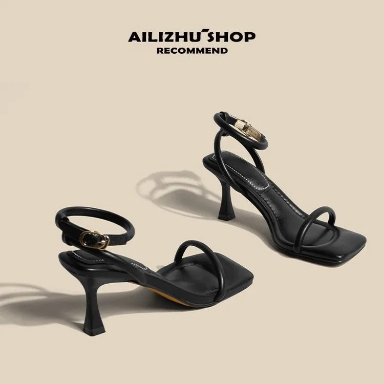 2024 Black Ankle-Strap Buckle Sandal Summer Square Toe Ladies Stiletto High Heel Shoes Sexy Solid Thin Band Sandalias