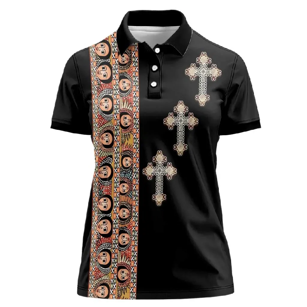 Women Ethiopian Flag Polo T Shirt Short Sleeve Turn Down Collar Lion Cross Tribal Print Casual Slim Fit Summer Fashion Top