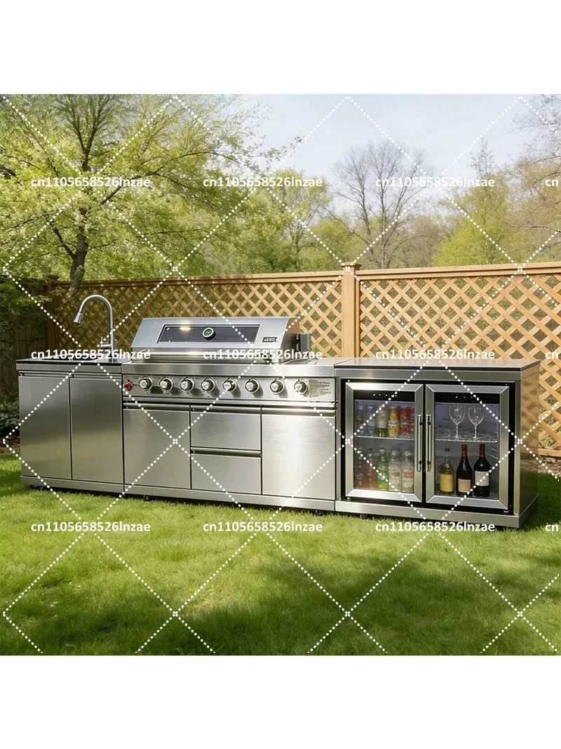 Outdoor Kitchen Cabinet Stainless Steel BBQ Grill with Cooktop Sink Fridge LED Patio Garden