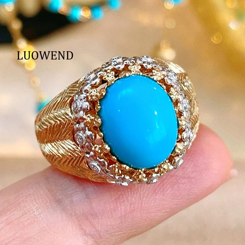 LUOWEND 100% 18K Yellow Gold Rings Luxury Vintage Style Natural Turquoise Engagement Ring for Women High Party Jewelry