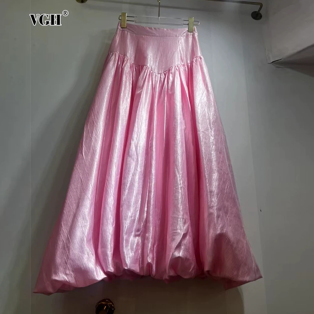 

VGH French Minimalist Shiny Puff Skirt for Women High Waist Spliced Folds Spring Elegant Style Solid Long Skirts Female Clothing