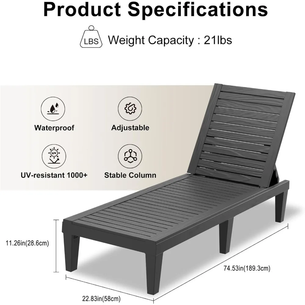 UV-Resistant Waterproof Resin Chaise Lounge Chairs with 5-Position Adjustable Backrest for Outdoor Garden, Pool, Beach, and Pati