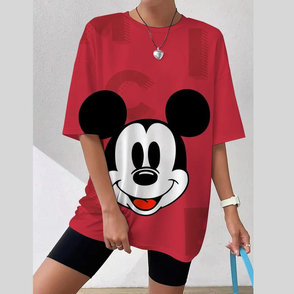 تي شيرت نسائي ديزني ميكي ماوس ثلاثية الأبعاد طباعة جديدة الخامس الرقبة قصيرة الأكمام الصيف ملابس نسائية غير رسمية Harajuku Y2K الهيب هوب الملبس