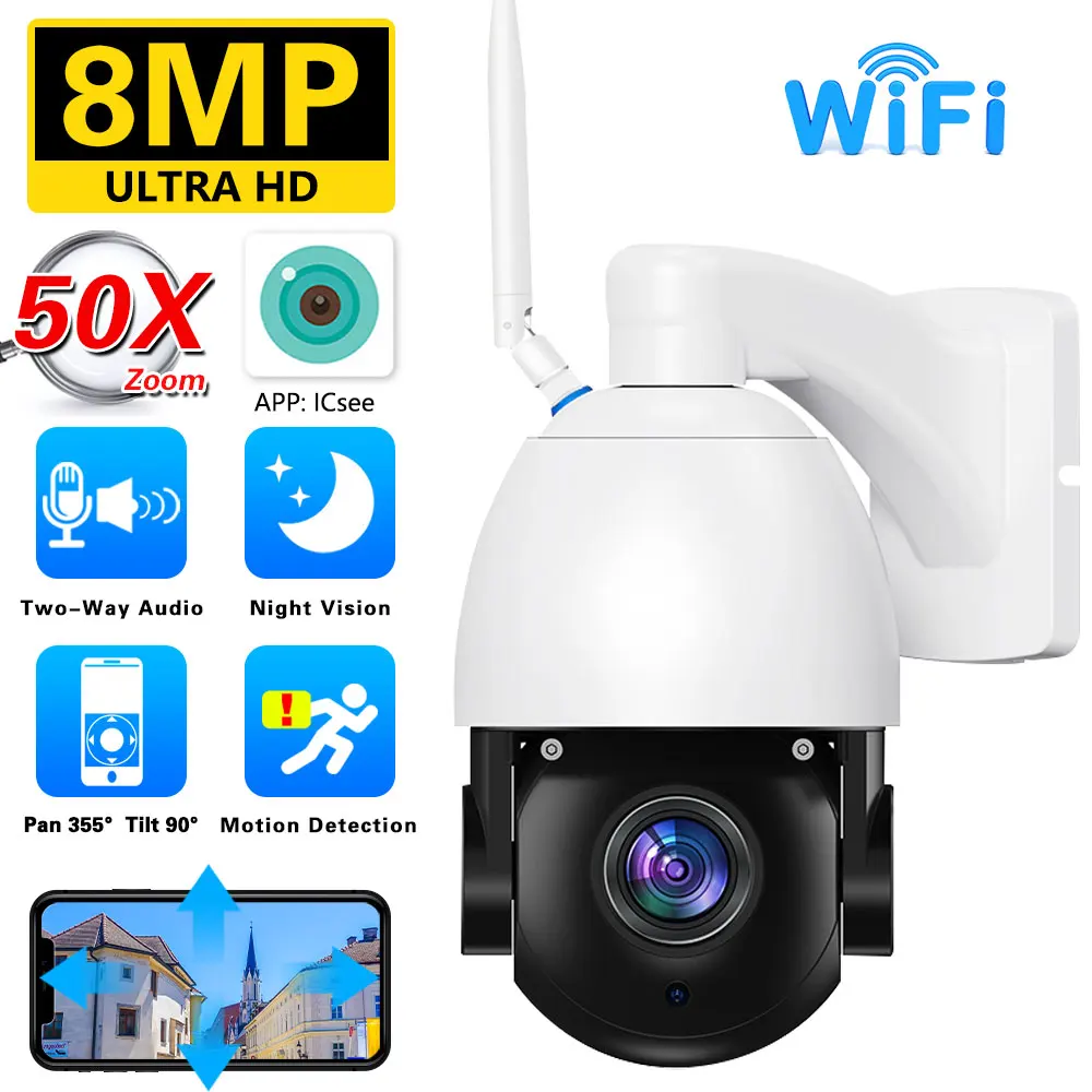 50X Optical Zoom PTZ WIFI POE Camera 8MP 4K HD IP Camera Outdoor AI Human Tracking IR 100m Security Surveillance P2P