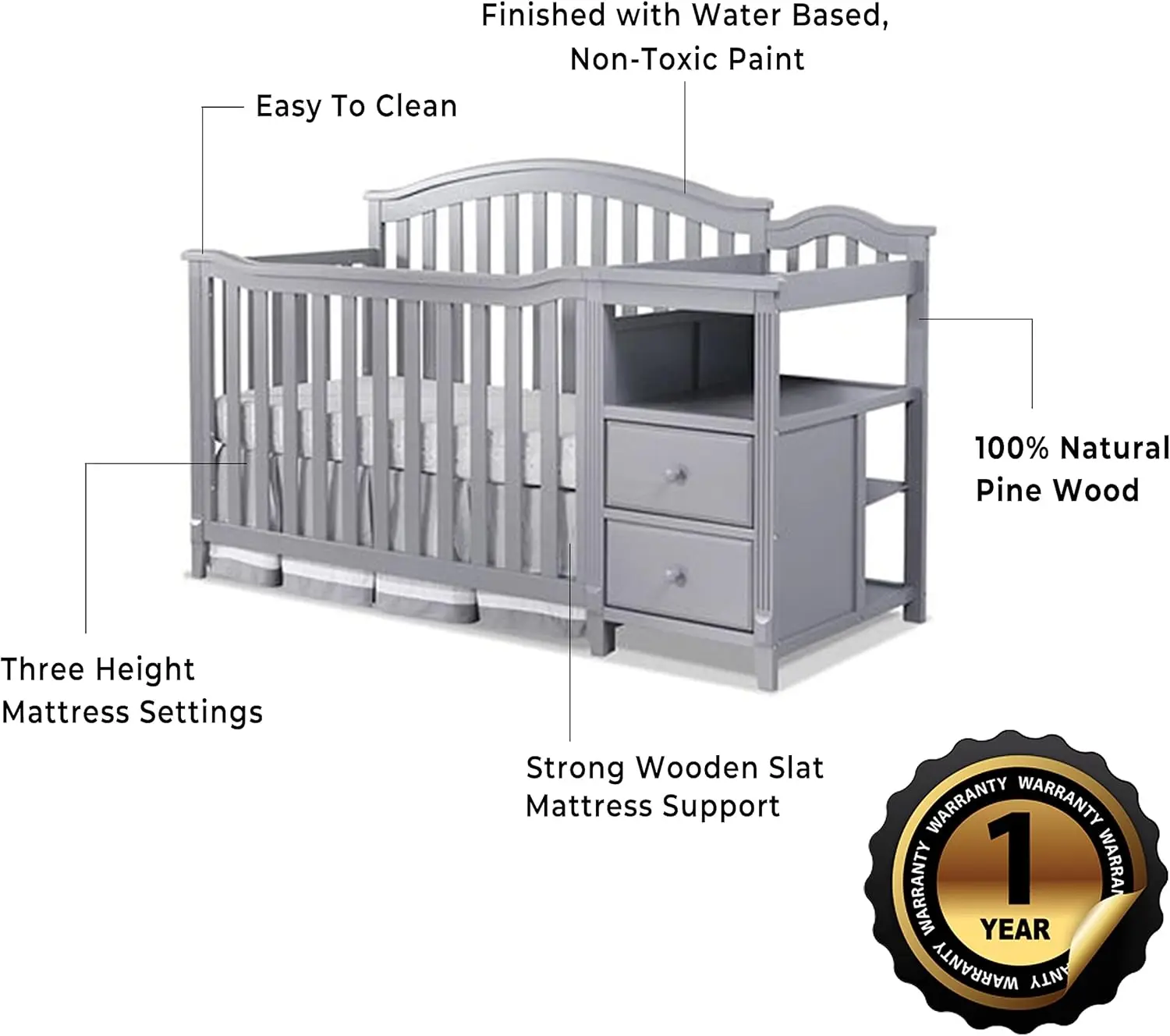 SORELLE FURNITURE Berkley Crib and Changer with Slat Panel Back Classic -in- Convertible Diaper Changing Table Non-Toxic Finish