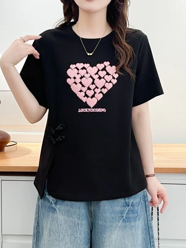 Summer Loose Short Sleeve T-Shirt Women's Casual Style Printed Heart Pattern Button Detail Side Slit Slimming Top for Ladies