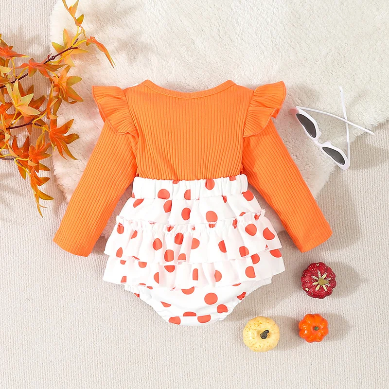 Baby Girls Rompers Dress Halloween Clothes Dot Print Pumpkin Embroidery Skirt Hem Jumpsuits