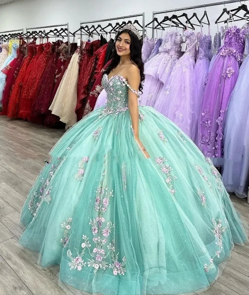 Vestidos Quinceanera Princesa Verde Menta, Apliques de renda fora do ombro, vestido de baile de cristal, Sweet 16 Dress, Plus Size, 2024