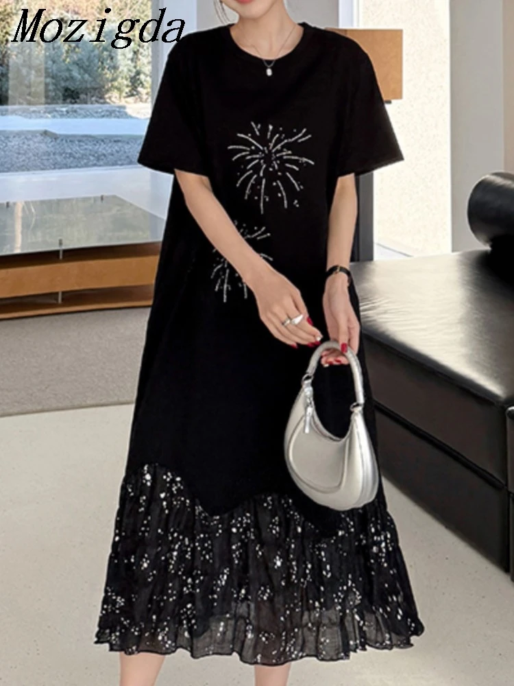 ฤดูร้อน Oversize Patchwork เสื้อยืดผู้หญิงแขนสั้นสีดําสุภาพสตรีชุด Vestidos Robe เสื้อผ้า