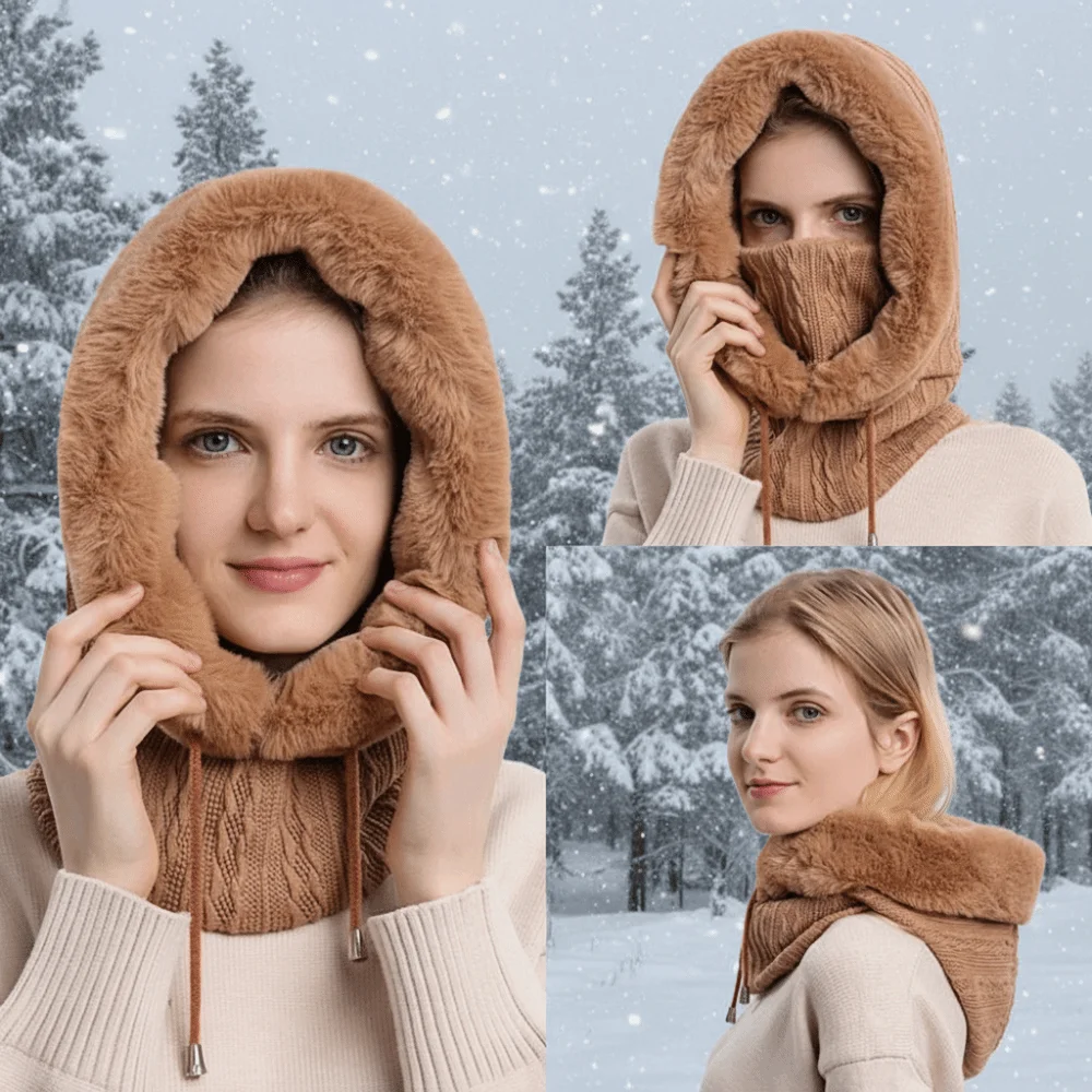 Simple Balaclavas Hat Fluff Hood Knitted Beanies Hat Neck Warmer Windproof Hooded Cap Male