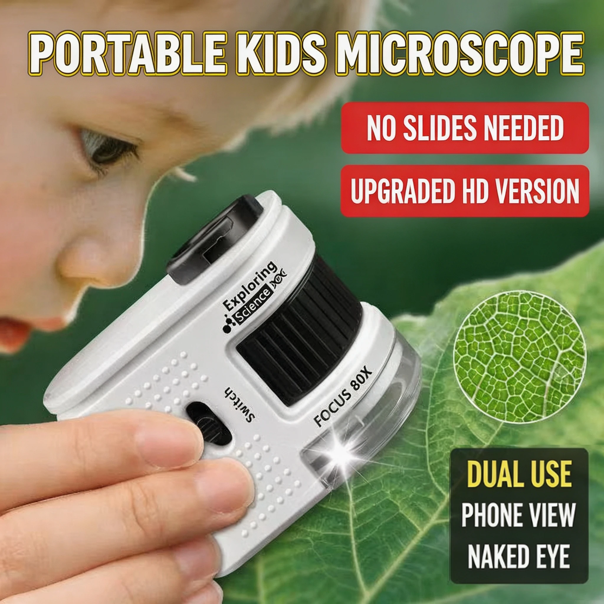Kids Mini Microscope 80X, Portable Handheld Magnifying Toy with LED, STEM Science Experiment Gift  ﻿