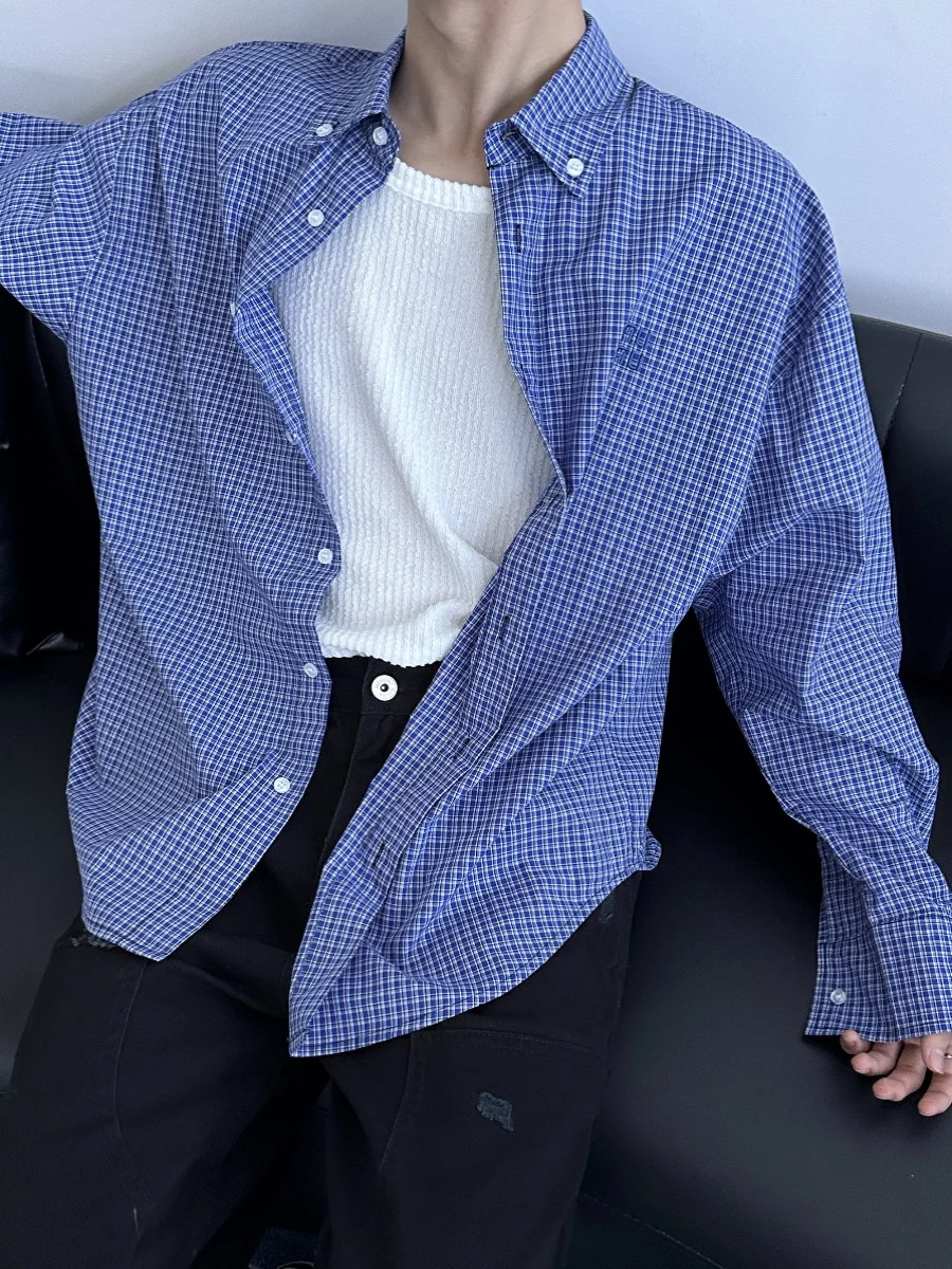 

American Retro Lazy Loose Blue Plaid Long Sleeve Men's Shirt Casual Embroidered Sun Protection Leisure Stitched Shirt Trendy
