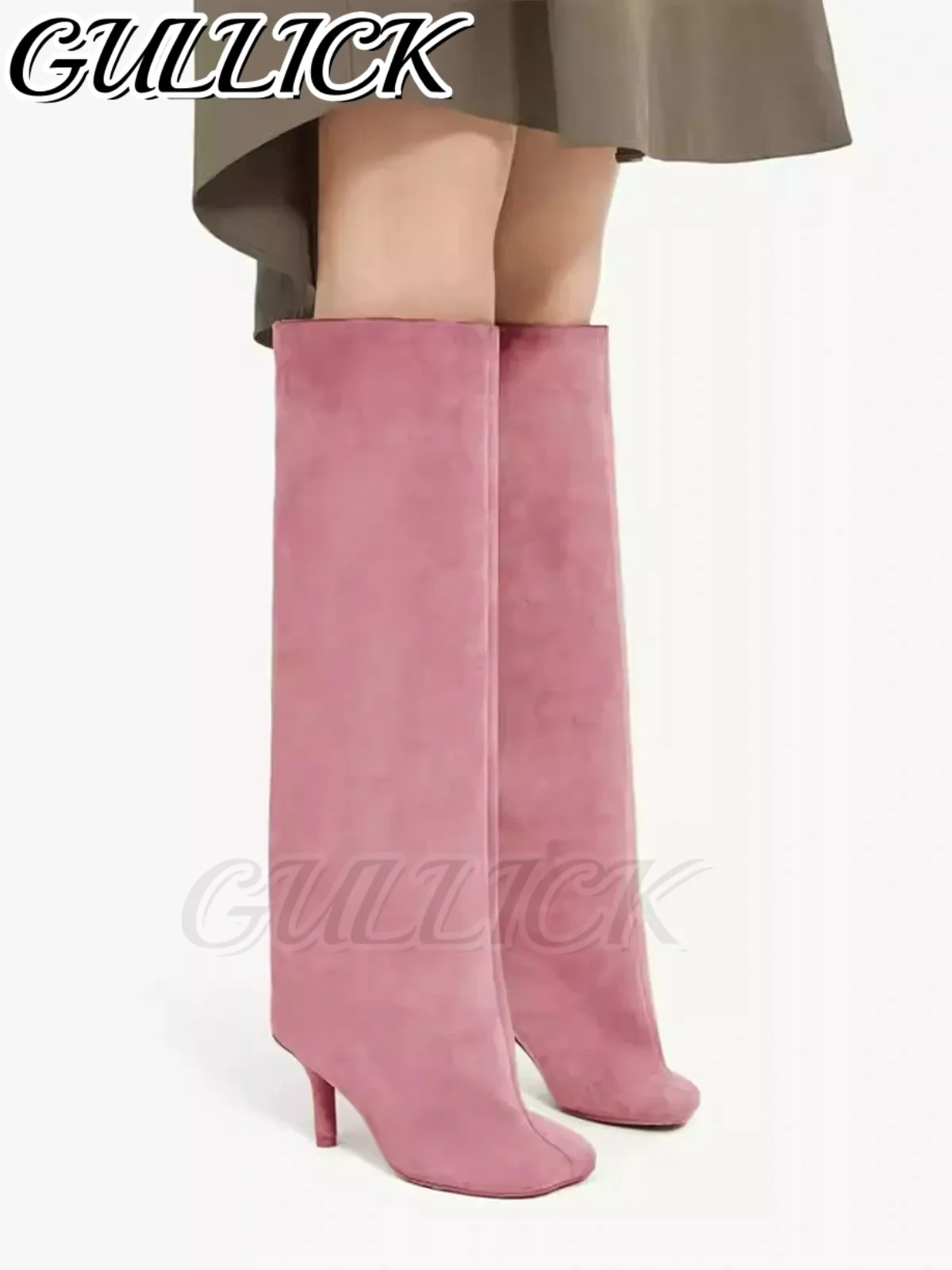 Sepatu Bot Tinggi Setengah Lutut Bahan Suede Solid Warna Raspberry Pink Hak Kitten Model Slip On Botas Wanita Desainer Sepatu Panjang Model Slip On Ukuran Besar