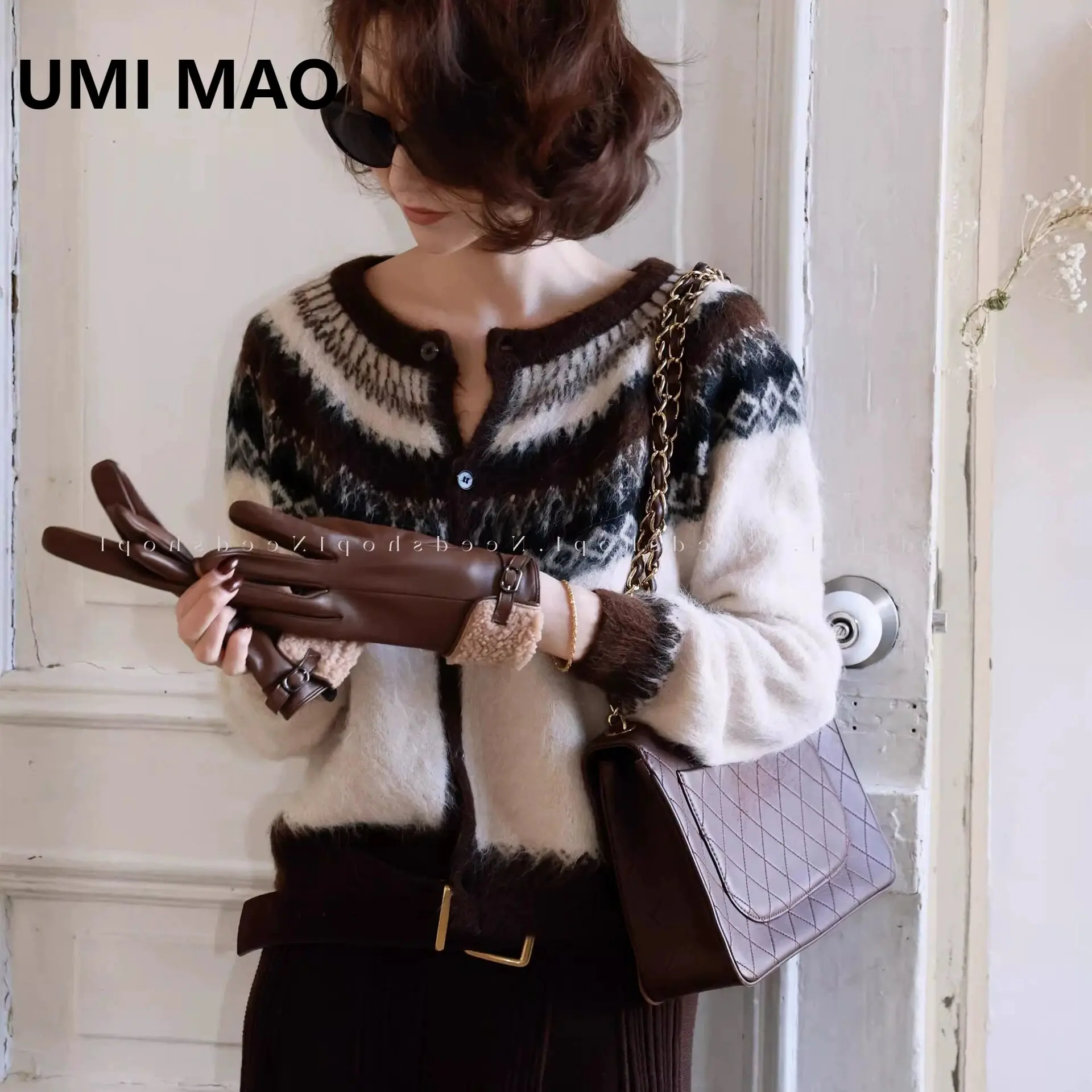 

UMI MAO Old Money Style Fair Isle Alpaca Wool Round Neck Knitted Cardigan Top Women Autumn Winter Slimming Sweater Coat