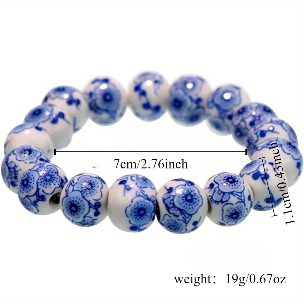 Chinese Style Ladies/men\'s Porcelain Bead Bracelet Retro Style Blue and White Porcelain Ceramic Stretch Wrist Bracelet