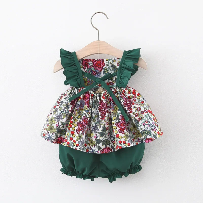 Girls Summer New Set Sleeveless Strap Fragmented Flower Top+PP Pants Two Piece Set Suitable for 0-3 Year Old Babies