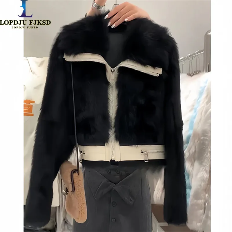 Faux Fox Fur Coat for Women,Korean Jacket,Sailor Collar, Thick Warm Clothes,High Quality,Spliced, Autumn and Winter，2024