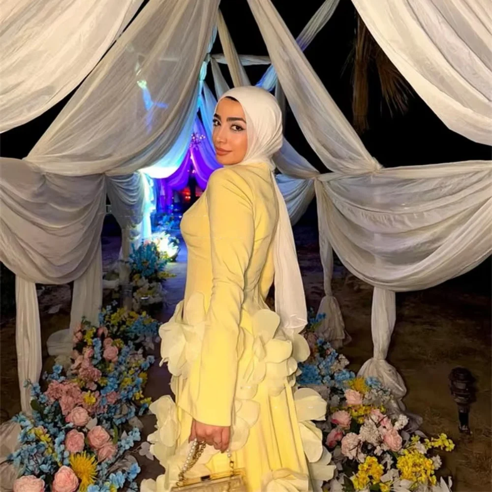 Moda romântico vestido de baile encantador sereia manga longa vestidos de noite flor applique o pescoço vestido no tapete vermelho luxo 2025