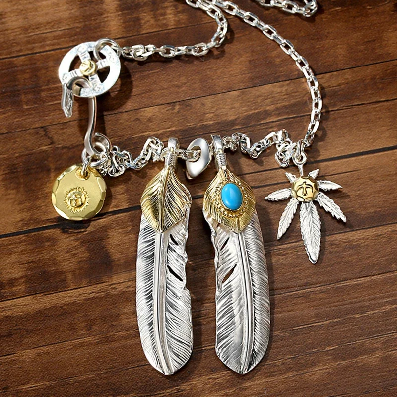 

HX Silver Colour Feather Charm Punk Link Chain Necklace Unisex Trendy Pendant Sweater Chain Jewelry Set for Men And Women
