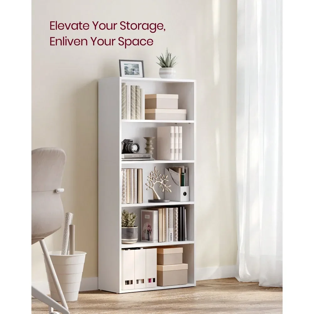 

Bookshelf, 5Tier Open Bookcase With Adjustable Storage Shelves, Floor Standing Unit, 9.4 D X 23.6 W X 52.7 H, Rustic Brown, Whi
