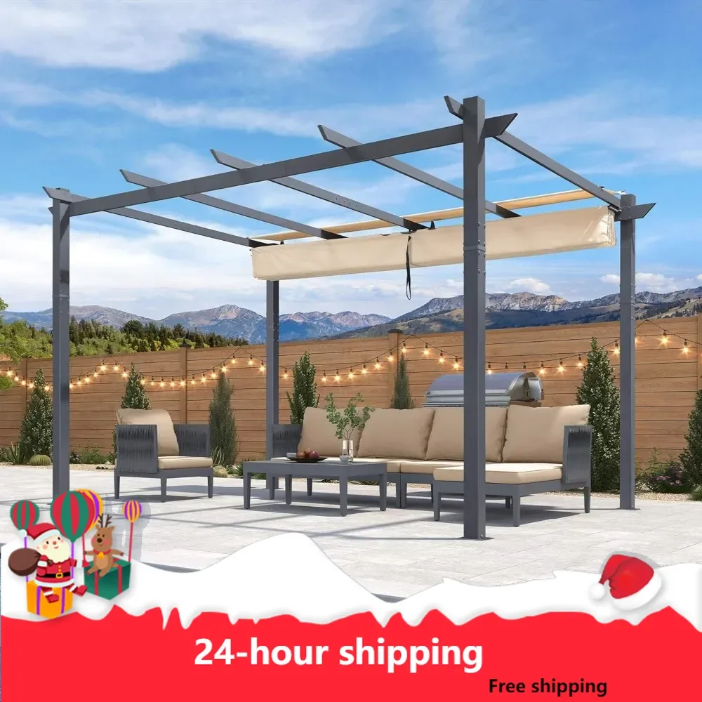 

10' X 13' Patio Retractable Pergola with Shade Canopy Modern Grill Gazebo Metal Shelter Pavilion