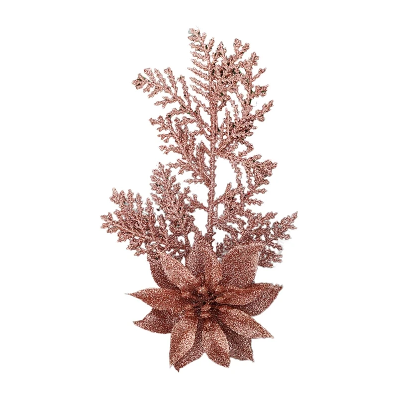 ประดิษฐ์คริสต์มาส Glitter Poinsettia ดอกไม้สาขาสนใบหยิบเครื่องประดับสำหรับพวงหรีดคริสต์มาสต้นไม้