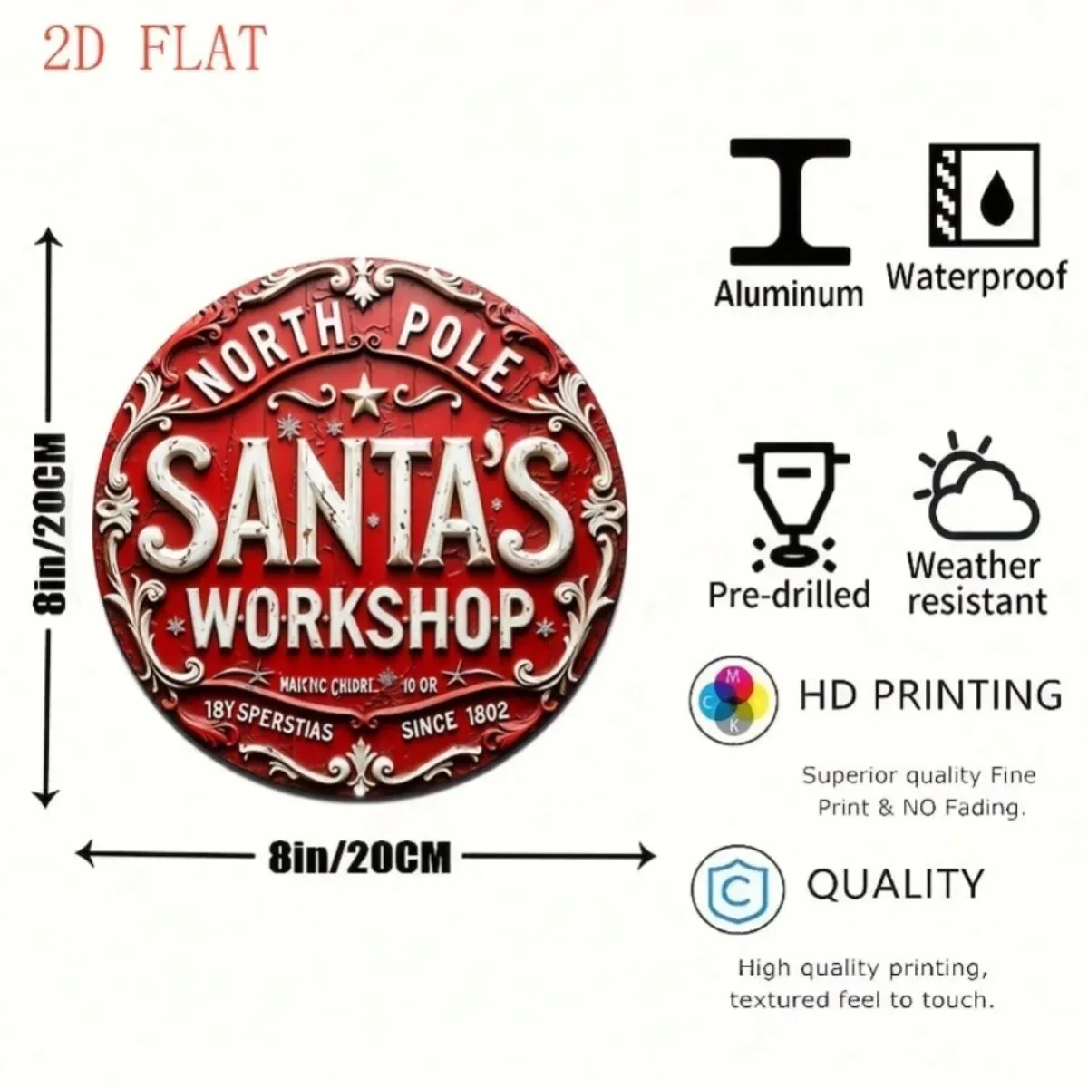 Vintage Arctic Santa Workshop Metal Wall Decoration - 8inch Round Christmas Signs, Red Gold Lettering, Easy to Hang, Indoor/Outdoor