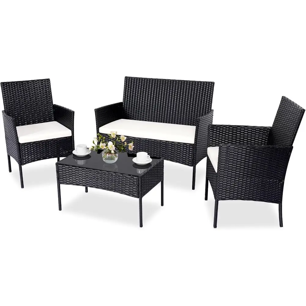 

4-Piece Outdoor Rattan Furniture Set with Glass Coffee Table, Ideal for Patio, Garden, Terrace, and Porch