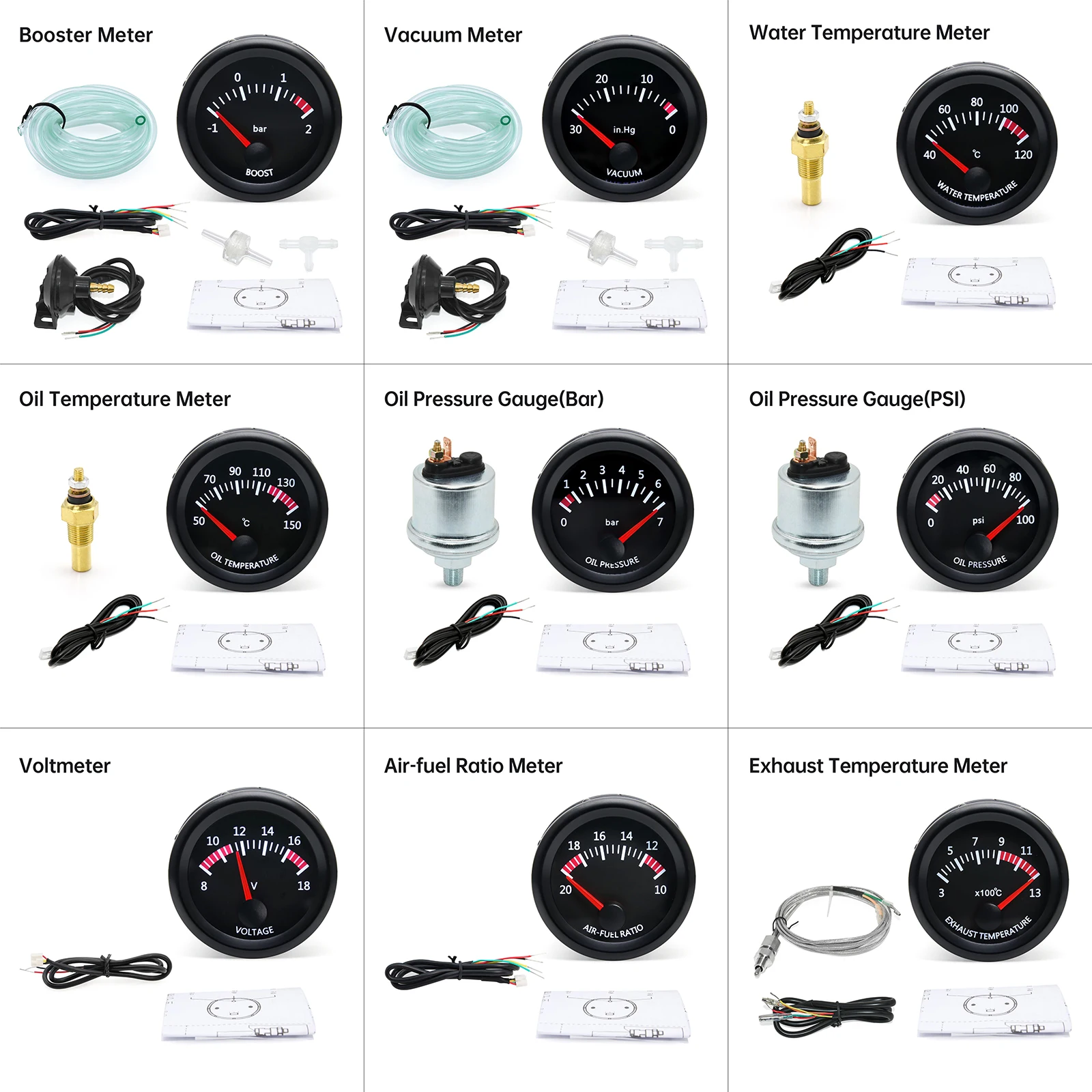 52mm Water Temp/Oil Temp/Voltmeter/Oil Press BAR PSI /Vacuum/Boost Gauge/Air Fuel Ratio/EGT Gauge With Sensor Fit for 12V Car