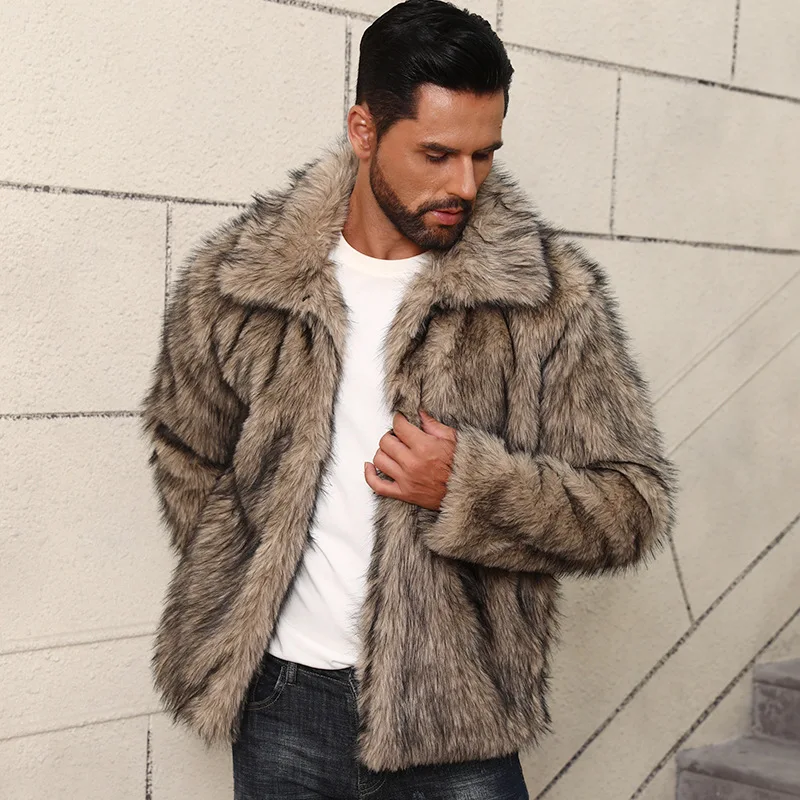 

Men Faux Fur Jacket Short Coat Cardigan Thick Warm Open Stitch Overcoat Turn Down Collar High Street 2025 Winter Outerwear