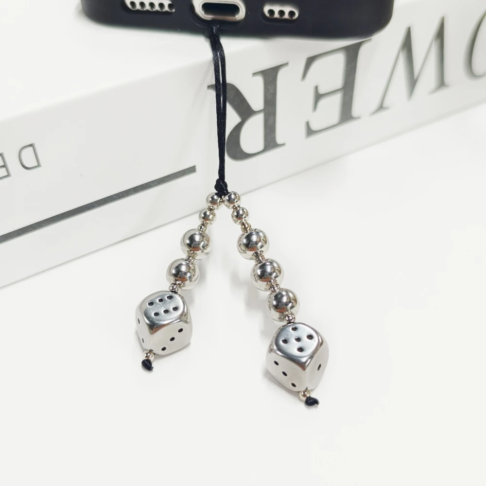 ヘリンアロイダイスフォンチャーム、シルバーカラービーズ、携帯電話用ショートチェーン、面白いストラップ、トレンディなy2kアクセサリー