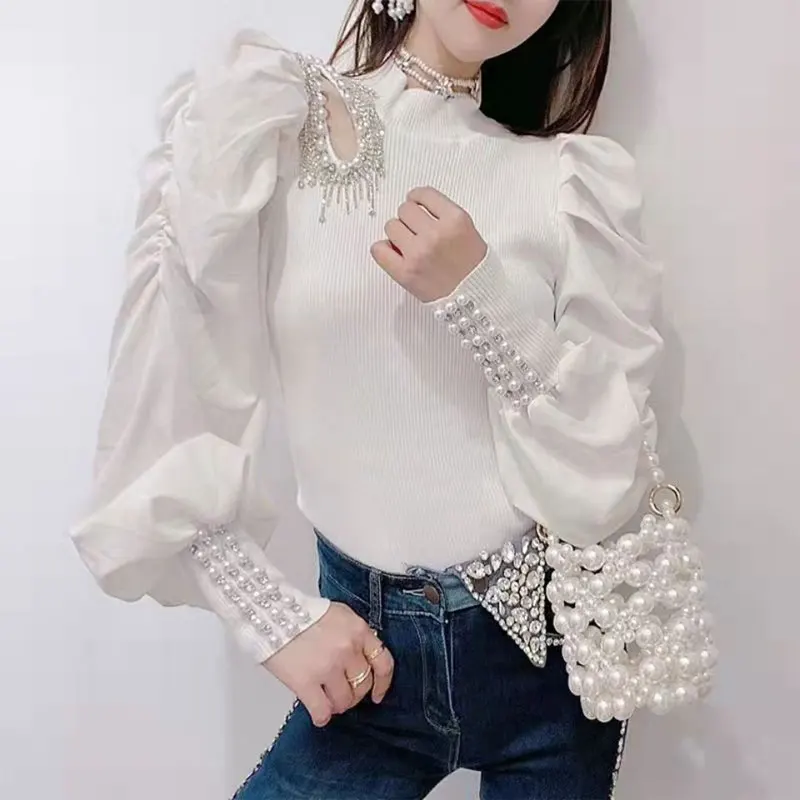 Blusa elegante de manga lanterna para mulheres, recortada em roupas femininas, meia gola alta, slim básico, camisa de pérolas de diamantes elegante,