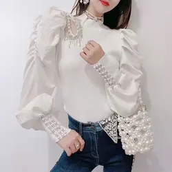 Blusa elegante de manga lanterna para mulheres, recortada em roupas femininas, meia gola alta, slim básico, camisa de pérolas de diamantes elegante, primavera e outono